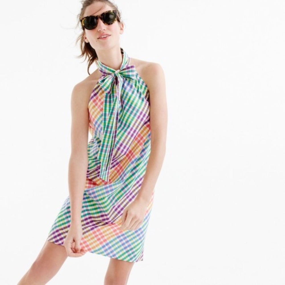 J. Crew Tie Neck Dress in Rainbow Gingham